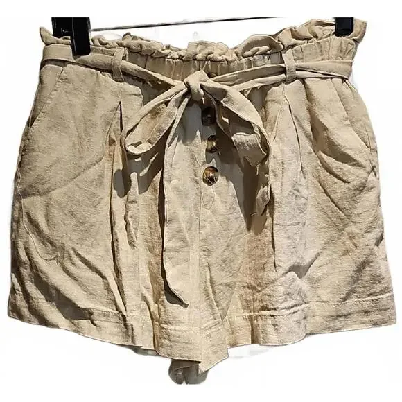 High Waist Cream Shorts with Tie Waist - Picture 1 of 5